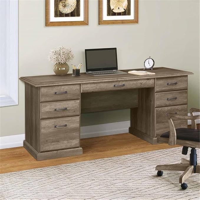 Pemberly Row Contemporary 65 Executive Desk Rustic Oak Finish Laminate Surface 7 Drawers for Storage and Organization Farmhouse Style Home Office Desk with Scratch-Resistant Work Surface