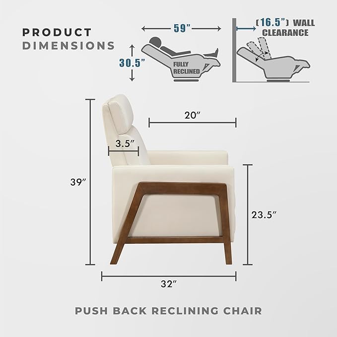 Lexicon Push Back Recliner Chair Faux Leather Upholstered Reclining Chair with Footrest Exposed Dark Brown Finish Wood Frame Small Recliner for Small Space Living Room Bedroom Light Beige