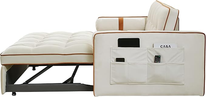 55.5 Pull Out Sleep Sofa Bed with Adjsutable Backrest Convertible Velvet Sofa Couch with Side Pockets and Lumbar Pillows 2 Seater Loveseats for Apartment Office Living Room (Beige-Side Pockets 05)