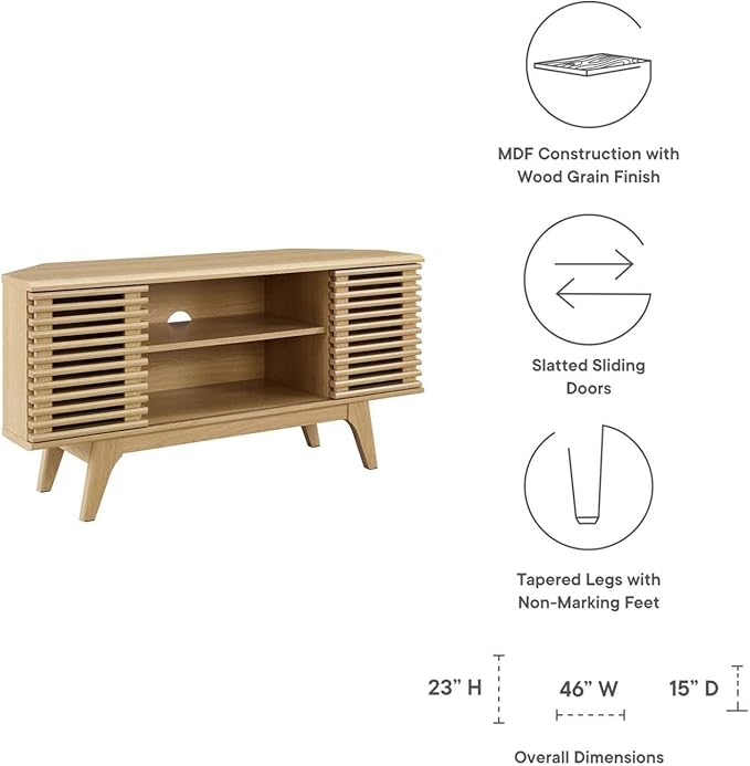 Modway Render Mid-Century Modern Low Profile 46 Corner Media TV Stand in Oak 15 x 46 x 23