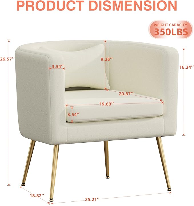 Velvet Accent Chair Set of 2 Modern Barrel Armchair with Lumbar Pillow &amp Gold Legs Upholstered Club Chairs for Living Room/Bedroom/Guest Reception White