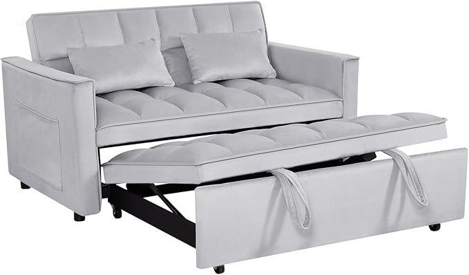 54 Convertible Sofa Bed Velvet Sleeper Sofa with Pull-Out Bed 3-in-1 Futon Couch with Reclining Backrest and Side Pocket Modern Loveseat for Living Room (Silver Grey)
