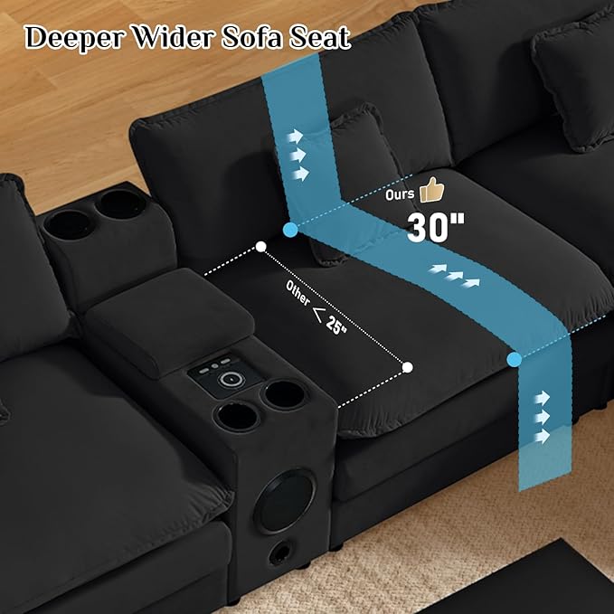 OUYESSIR 163U Shaped Cloud Couch SectionalsLarge Comfy Black Sectional Couches for Living RoomOversized Fluffy Modular Sectional SofasChenille Big 6 Seat Sofa Set USB Port Central Console Ottoman