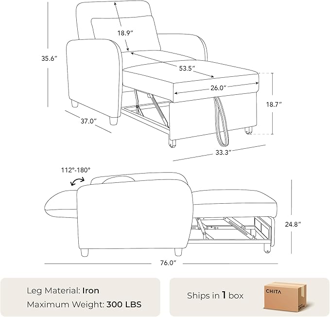 CHITA Sleeper Chair 3-in-1 Pull Out Convertible Single Sofa Bed with Adjustable Backrest Chenille Chaise Lounge Chair for Living Room Bedroom &amp Apartment Moss