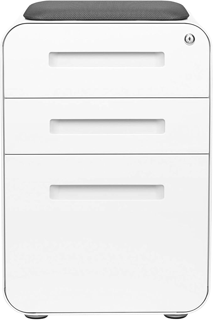 Laura Davidson Furniture STOCKPILE Curve Seated 3-Drawer Mobile File Cabinet with Removable Magnetic Cushion Seat - Metal Filing Cabinet Pre-Assembled White with Dark Grey Cushion