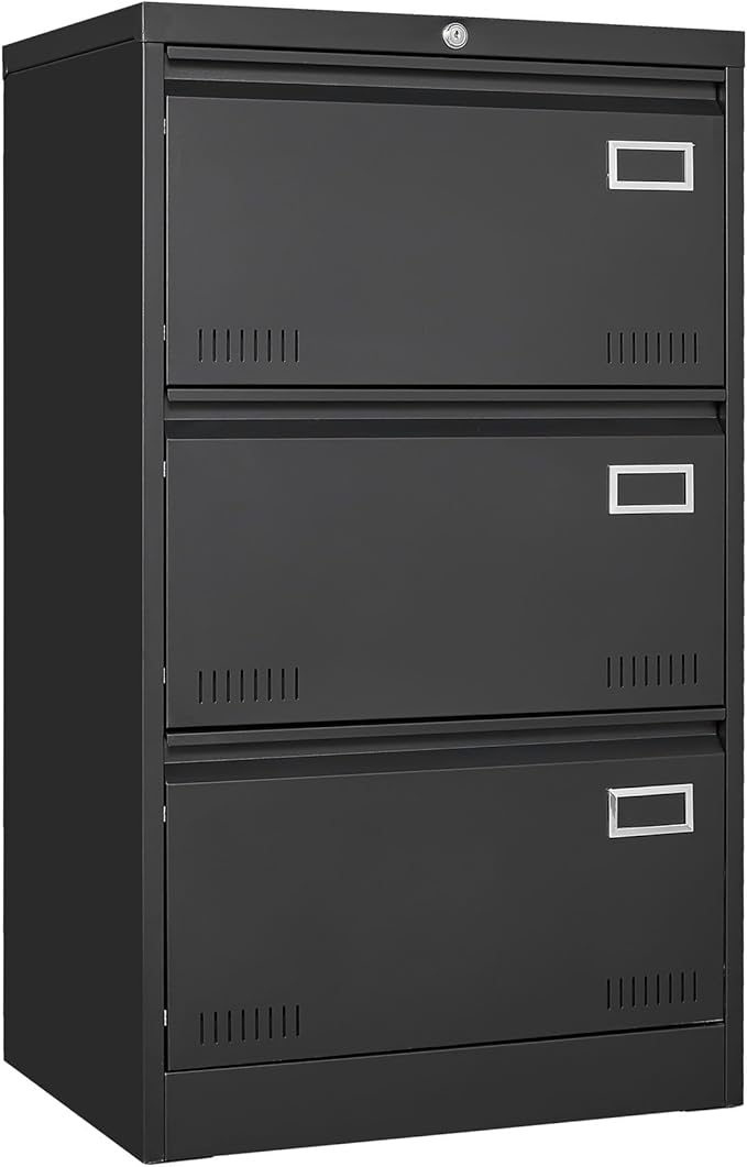 3 Drawer Metal Lateral File Cabinet with Lock Office Vertical Files Cabinet for Home Office Legal Letter A4 Large Capacity Security Lock Heavy-Duty Steel Adjustable File Bars (Black)