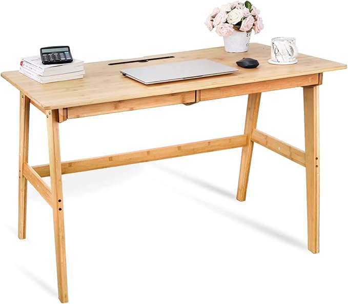 Dicunoy Computer Desk with 2 Drawers 46 Solid Bamboo Home Office Writing Desk for Small Space Compact Simple Tables with Gap Design and Hook for PC Laptop Students Study Makeup Bedroom