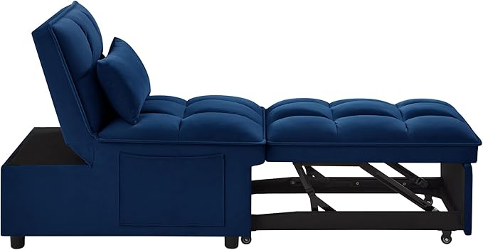 4 in1 Multi-Function Single Sofa Bed with Storage PocketsTufted Single Pull-Out Sofa Bed with Adjustable Backrest and PillowsConvertible Chaise Loungefor Small Room Apartment (Navy)