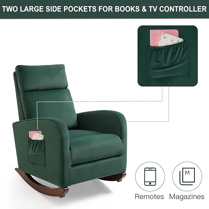 AVAWING Upholstered Rocking Chair Comfortable Glider Rocker with Solid Wood Legs High Back Modern Rocker with Side Pocket for Nursery Living Room and Bedroom Green