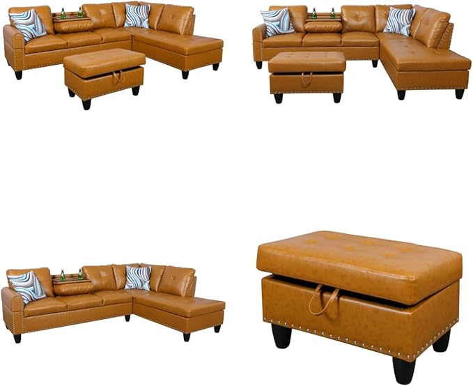 Sectional Couches for Living Room Convertible 4 Seat Modular Sectional Sofa Set for Living Room L Shaped Couch or U Shaped Couch with Storage Ottoman for Apartment Orange