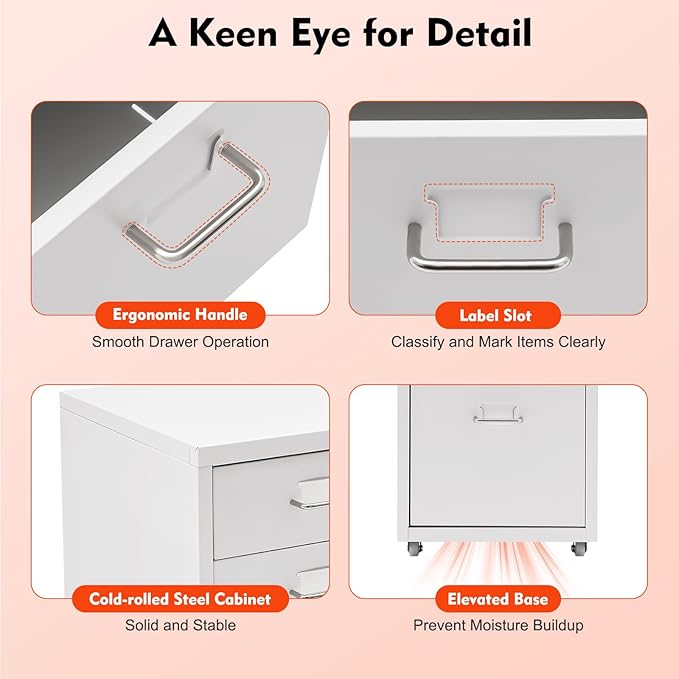 3-Drawer Metal File Cabinet Mobile File Cabinet with Lock Rolling Vertical Filing Drawers Under Desk for Home Office 11 * 16 * 18.3in (White)