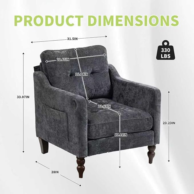 Accent Chair for Living Room Mid-Century Armchairs for Small Spaces Chenille Upholstered Comfy Reading Armchair with Studded for Bedroom (Dark Grey-B)