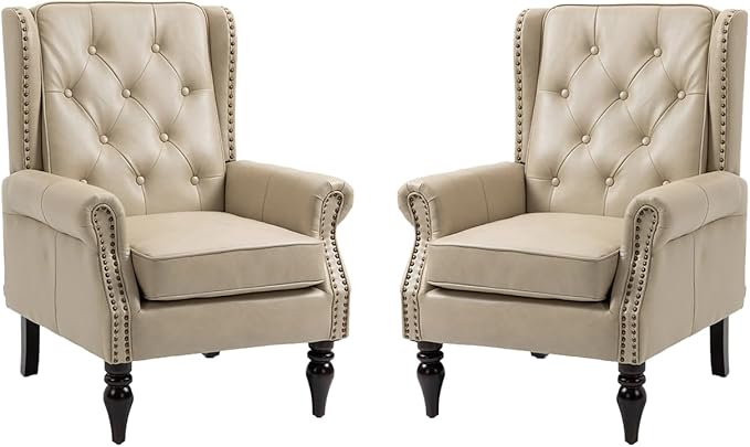 Mid-Century High Wingback Chair Set of 2Faux Leather Accent Chair Armchair with ButtonsModern Living Room Chairs with Rivet DecorationLeisure Single Sofa Chair for BedroomHome ReceptionCamel