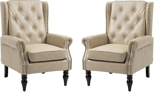 Mid-Century High Wingback Chair Set of 2Faux Leather Accent Chair Armchair with ButtonsModern Living Room Chairs with Rivet DecorationLeisure Single Sofa Chair for BedroomHome ReceptionCamel