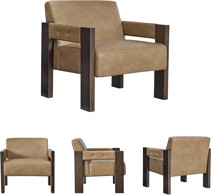 Signature Design by Ashley Adlanlock Contemporary Faux Leather Upholstered Solid Wood Accent Chair Light Brown &amp Dark Brown