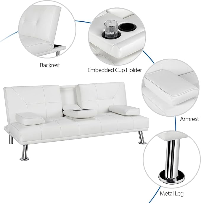 Futon Sofa Bed Modern Folding Couch for Small Space Faux Leather Convertible Loveseat Sleeper Bed Daybed Recliner Lounge Sofas for Living Room2 Cup HoldersMetal LegsRemovable Armrests (White)