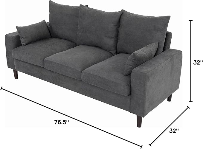 Panana 3-Seat Sofa Couch with Reversible Back Cushions Modern Fabric Sofa 3 Seater Couch for Small Apartment (Grey 3 Seater with Ottoman Stool)