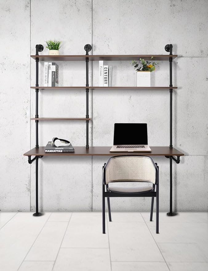 Industrial Pipe Computer Desk with ShelvesWall Mounted Laptop Desks for Small Spaces59 inch Bookshelf Narrow Writing Desk with Floating Shelves