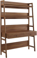 Pemberly Row Modern Particleboard and MDF Office Desk Walnut Finish 71 in x 49 in x 18.5 in Slim Tiered Design with Shelves and Full-Extension Drawers Home Office Workspace Furniture