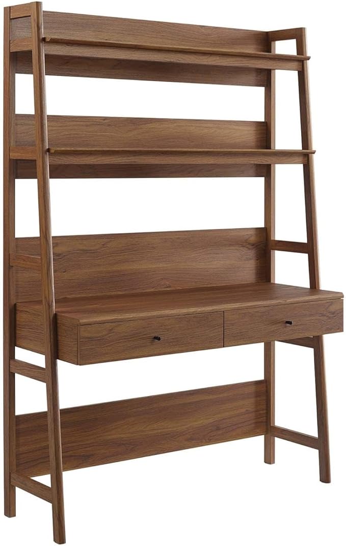 Pemberly Row Modern Particleboard and MDF Office Desk Walnut Finish 71 in x 49 in x 18.5 in Slim Tiered Design with Shelves and Full-Extension Drawers Home Office Workspace Furniture