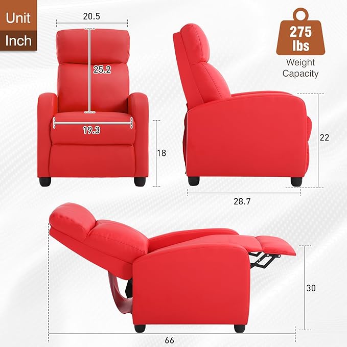 BestMassage | Recliner Chair | No Massage Function | Pu Red | with Lumbar Support Adjustable Push Back Wide Armrests Footrest &amp Padded Seat | Easy Assembly | for Living Room Home Theatre
