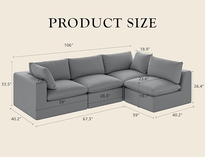 106“ Cloud Sectional Couches Sofa for Living Room Modern 4 Seats Couch Convertible L Shape Sofa No Assembly Needed