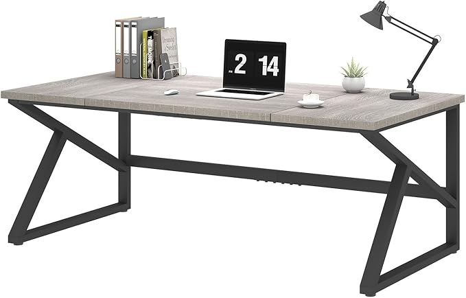 IBF 70 Inch Large Home Office Desk Industrial Long Executive Work Writing Study Computer Table Farmhouse Big Metal Wood Double Desk for Bedroom Living Room Rustic Dual Monitor Desk Light Grey