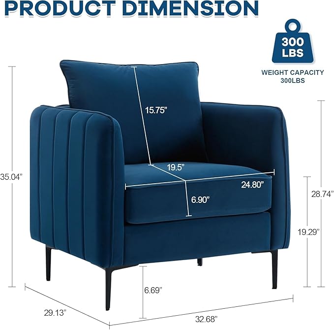 Blue Accent Chair for Living Room Modern Upholstered Accent Chair Comfy Velvet Armchair with Thick Cushion Single Sofa Arm Chairs for Bedroom Office Reading RoomClub (Blue)