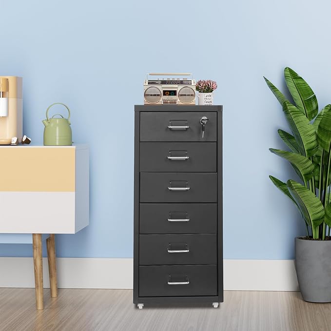 6-Drawer Metal File Cabinet Mobile File Cabinet with Lock Rolling Vertical Filing Drawers Under Desk for Home Office 11 * 16 * 27in (Black)