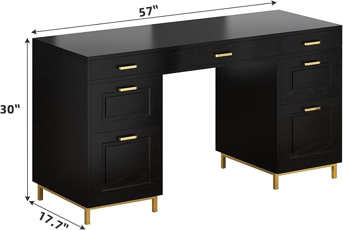 Black Computer Desk with 7 Drawers 57 Inch Home Office Desk with File Drawers Wood Modern Desk with Storage for Bedroom Executive Desk with Golden Legs and Handles Black and Gold