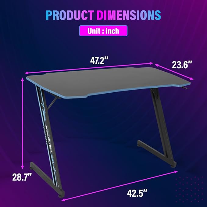 PayLessHere | 47 Gaming Table | Blue | Z-Shaped Computer Desk with Steel Frame Headphone Hook Adjustable Feet | Carbon Fiber Texture Surface Sweat &amp Waterproof | for Gaming Home Office