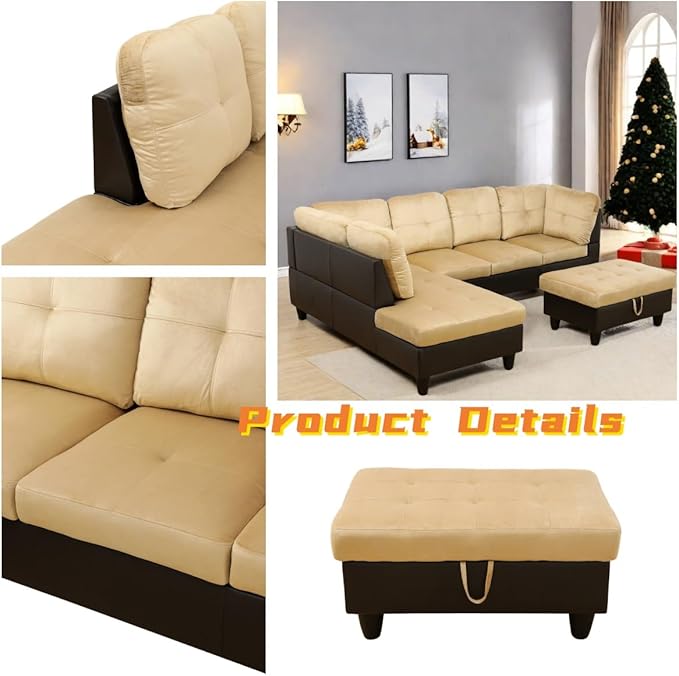 FONTOI L Shaped Sectional Couch with Otttoman 103 Sectional Sofa for Living Room Flannel Modular Couches with Cup Holders for Bedroom Apartments Beige &ampBrown
