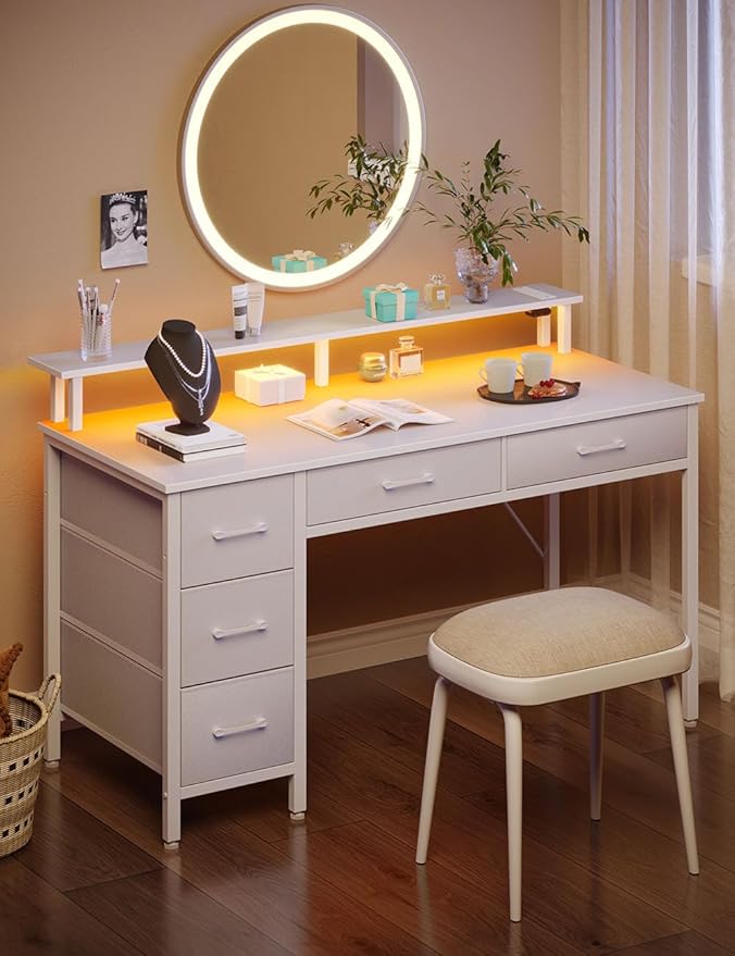 Seventable Computer Desk with Power Outlets &amp LED Light 55 inch Home Office Desk with 5 Drawers Writing Desk with Monitor Stand Work Desk for Home Office White