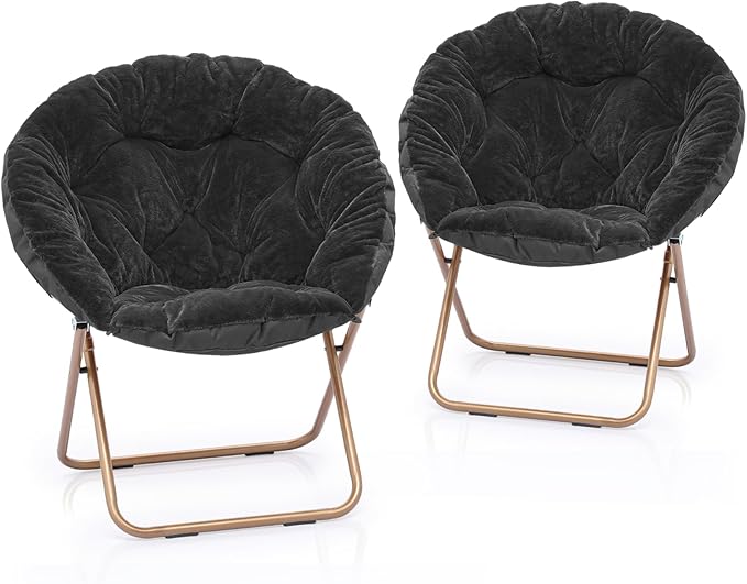 Round Saucer Chair for Teens and Adults Faux Fur Folding Living Room Cozy Moon Chairs Set of 2 (Black)