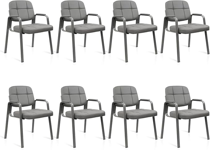 CLATINA Leather Office Guest Waiting Room Chair Sets of 8 Reception Chair No Wheels with Armrests and Lumber Support Stationary Desk Armchair for Meeting Conference Lobby Shool Study Grey