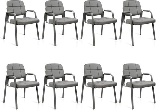 CLATINA Leather Office Guest Waiting Room Chair Sets of 8 Reception Chair No Wheels with Armrests and Lumber Support Stationary Desk Armchair for Meeting Conference Lobby Shool Study Grey