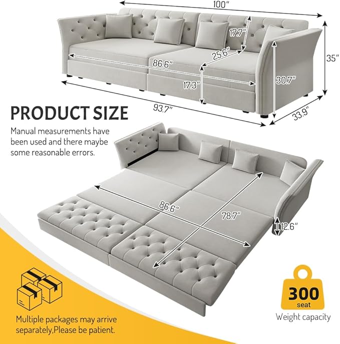 extrasleep 100'' Velvet Pull Out Sofa Bed Oversized King Sleeper Sofa with Handcrafted Floral Tufted Design 3-in-1 Convertible Sleeper Couch Tufted Deep Seat Couch for Living Room Light Grey
