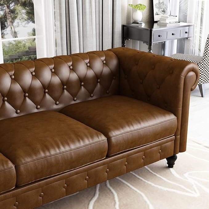 WILLIAMSPACE 88.2 Chesterfield Sofa Couch for Living Room 3 Seater Couches Upholstered Tufted PU Sectional Sofa for Office Apartment - Brown