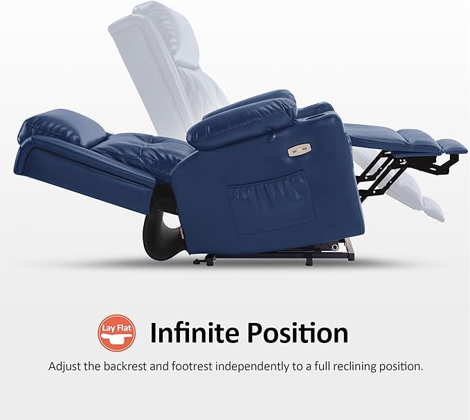 MCombo Large Triple Motor Power Lift Recliner Chair with Massage and Heat for Elderly People Adjustable Headrest Infinite Position USB Ports Faux Leather 7662 (Blue Large)