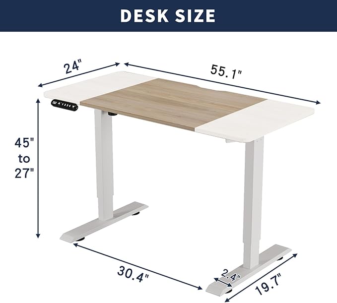 2026 New 55 Electric Standing Desk Office Table &amp Sit Stand Up with Adjustable Height Rising Desks for Home Office USB LED 4 Programmable Memory Buttons (Oak Natural Wood + Antique White)