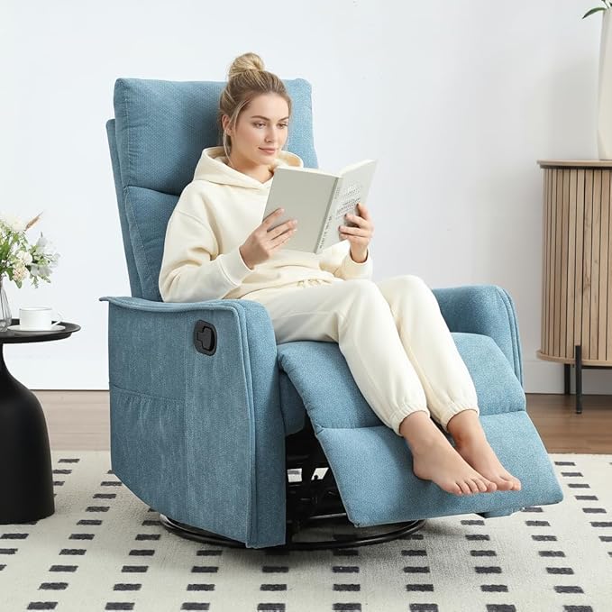 PELUMY 360 Swivel Rocking Recliner Chair for Adults Nursery Rocking Chair with Heat and Massage Glider Reclining Chair for Small Space Living Room Bedroom (Blue)