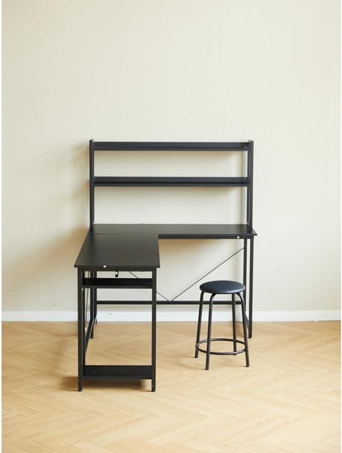 94.5 Inch Home Office Desk L Shape Gaming Desk with Storage Shelves and Padded Stool for Small Space Industrial PC Laptop Desk Corner Work Table with Large Countertop for School and Bedroom Black