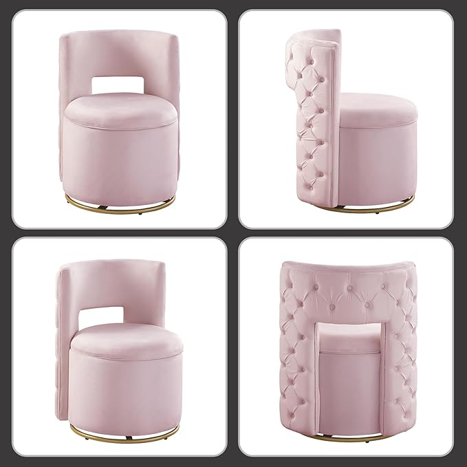Swivel Chair with Storage for Living Room Round Velvet Vanity Chair with Tufted Button Back Pillow Included (Pink)