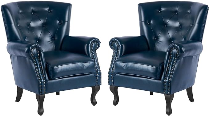 MOJAY PU Leather Accent Chair Set of 2 Mid-Century Modern Armchair Living Room Club Chair with Tufted Button &amp Rivet Trim Upholstered Sofa Chair with Sturdy Wood Legs for Bedroom (Navy)