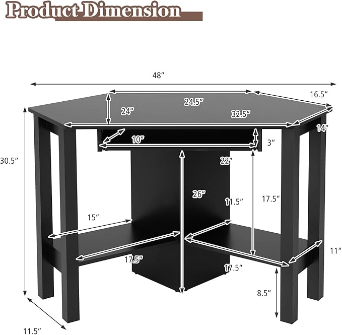 Tangkula Corner Desk with Keyboard Tray Triangle Corner Computer Desk for Small Space Bedroom Corner Makeup Vanity Desk with Storage Shelves Space Saving Corner Writing Desk