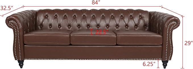 RARZOE Modern 3 Seater PU Chesterfield Sofa Upholstered Tufted Button Leather Chesterfield Couch Classic Faux Leather Settee with Nailhead Trim Scroll Arms for Living Room Bedroom(Dark Brown)