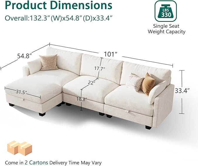 Modular Sectional U Shaped Sofa Couches for Living Room Cloud Couch with Storage Ottoman Comfy Chenille Sofa with Pillow Beige
