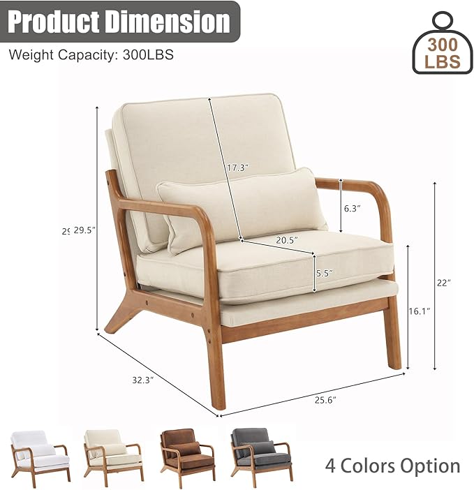 Mid Century Modern Accent Chair with Wood Frame Upholstered Lounge Linen Fabric Armchair Comfy Reading Leisure Chair with Cushion for Living Room Bedroom Balcony (Beige Set of 2)