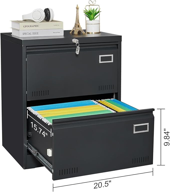 Metal Lateral File Cabinet with 2 Drawers Office Filing Storage Locking Cabinet for Home Office Heavy Duty Office Storage Cabinet for Legal/Letter/A4/F4 Size (Require Assembly) (Black)