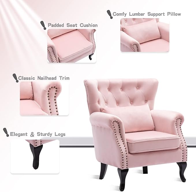 chairus Mid-Century Modern Accent Chair Comfy Tufted Single Sofa Chair Wingback Armchair with Pillow for Club Living Room Bedroom - Velvet Pink